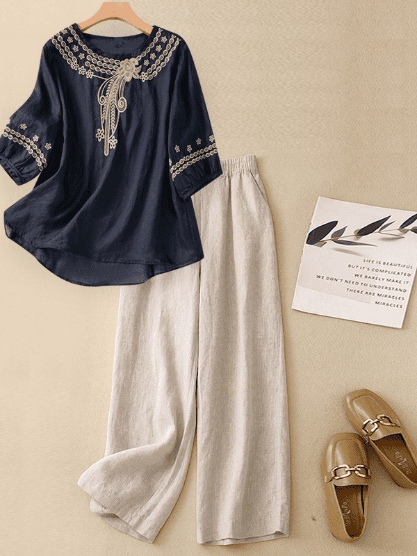 High-End Cotton Linen Set Wome - Linen Pant Wide recension och pris