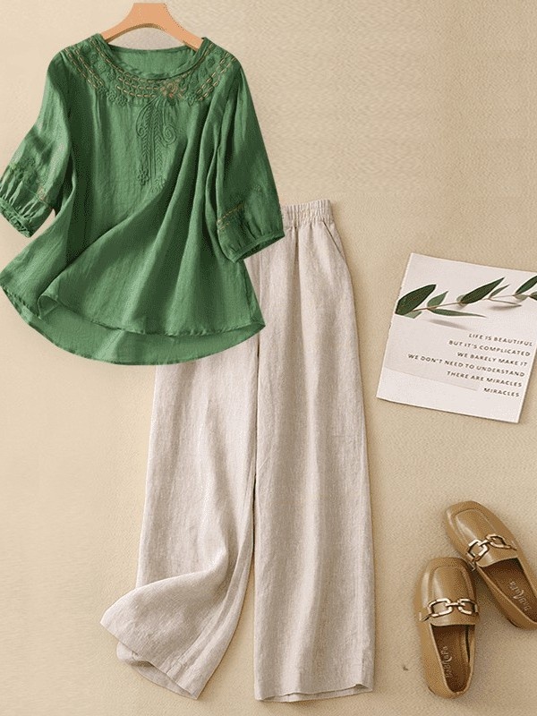 High-End Cotton Linen Set Wome - Linen Pant Wide recension och pris
