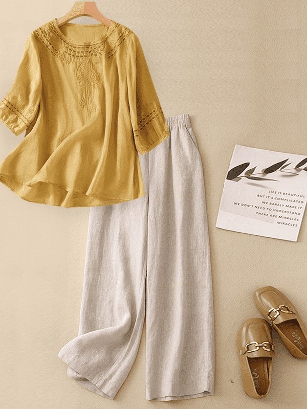 High-End Cotton Linen Set Wome - Linen Pant Wide recension och pris