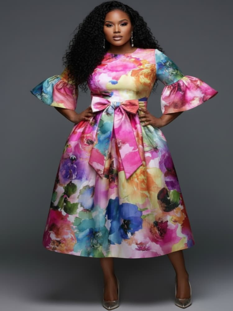 Plus Size Round Neck Flare Sle - Midi Skirt Floral recension och pris