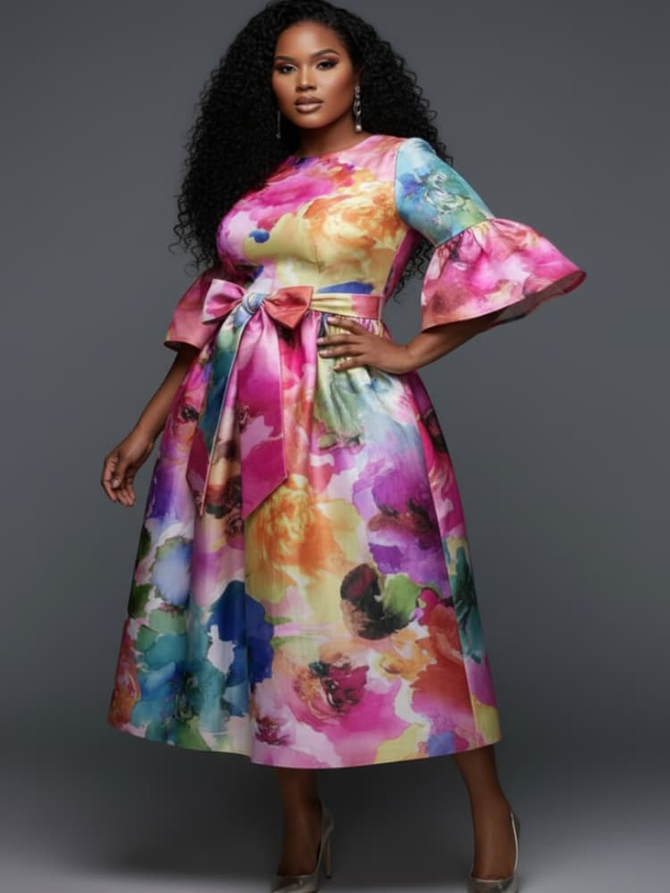 Plus Size Round Neck Flare Sle - Midi Skirt Floral recension och pris